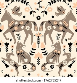 Folklore horses pattern scandinavian style seamless design illustration