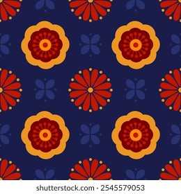 Folklore minimalist flowers seamless pattern tile. Vector repeating pattern. Folk motifs endless pattern