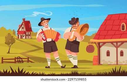 Folklore music colored concept two norwegian men playing music in their national costumes vector illustration