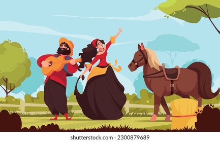 Folklore music composition with the couple of Mexican dancers and a horse vector illustration