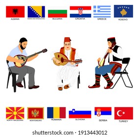 Folklore Music trio Greek, Turkish and Serbian musician guslar on  gusle instrument. Bouzouki player and oriental Balgama zurna. Bosnia folk artists. Arab man play oud, lute mandolin. Balkan flags set