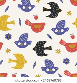 Folklore seamless pattern with birds, leaves and flowers on white background. Perfect for summer greetings, wallpaper, wrapping paper, fabric. Vector illustration