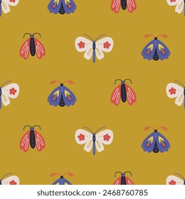 Folklore seamless pattern with butterflies on yellow background. Perfect for summer greetings, wallpaper, wrapping paper, fabric. Vector illustration