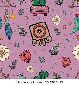Folklore seamless pattern Cinco de mayo. Mexico illustration. Cactus, flowers, symbols of Mexico. Ritual, Magic, Occult. Cartoon vector Doodle illustration.
