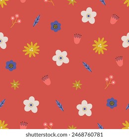 Folklore seamless pattern with colorful flowers, berries and leaves on red background. Perfect for summer greetings, wallpaper, wrapping paper, fabric. Vector illustration