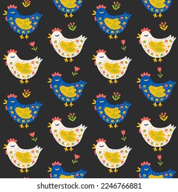 Folklore seamless pattern. Floral chickens on dark background. Easter motif, surface texture, repeating vector illustration for fabric, cloth, kitchen textile, farm banner, wallpaper