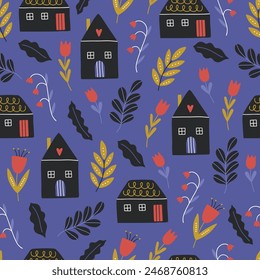Folklore seamless pattern with houses, tulips, leaves, bellflower on violet background. Perfect for summer greetings, wallpaper, wrapping paper, fabric. Vector illustration