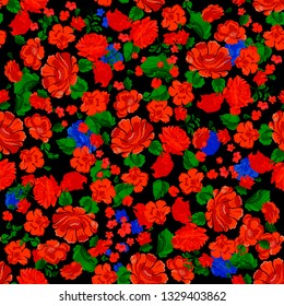 Folklore seamless pattern with red flowers. Vector patch for print.