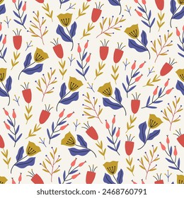 Folklore seamless pattern with tulips, berries and leaves on white background. Perfect for summer greetings, wallpaper, wrapping paper, fabric. Vector illustration