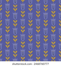 Folklore seamless pattern with tulips on violet background. Perfect for summer greetings, wallpaper, wrapping paper, fabric. Vector illustration