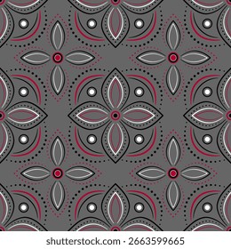 Folklore seamless patterns. Black red floral elements on gray background. Plant ornate ornament in traditional country style. Ornamental background of geometry ethnic square elements