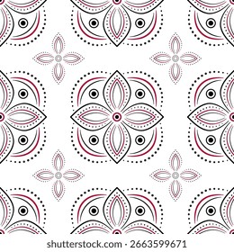 Patrones sin fisuras del folclore. Elementos florales rojos negros sobre fondo blanco. Planta Ilustración vectorial de mandala ornamentada. Fondo ornamental de Elementos cuadrados étnicos de geometría