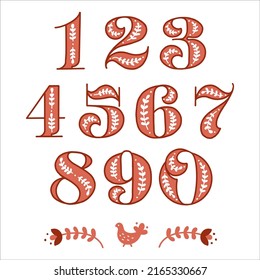 Folklore set of numbers and numbers in Scandinavian style. Folk font for mathematics, algebra and calculator. Children learn to count using bright numbers