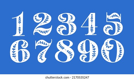 Conjunto folclórico de números y números al estilo escandinavo. patrones folclóricos sobre un fondo azul. fuente para matemáticas, álgebra y calculadora