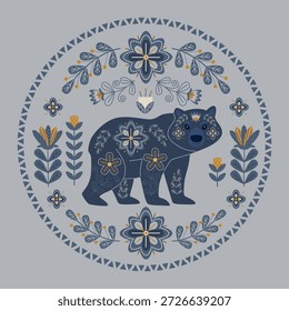Oso de estilo folclórico adornado con intrincados patrones florales en una Ilustración vectorial. Presenta flores y hojas vibrantes alrededor del oso, combinando la naturaleza y el diseño tradicional.