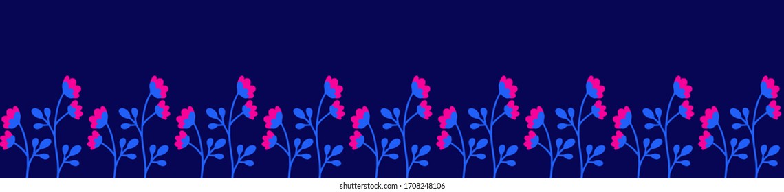 Folklore style border doodle floral seamless pattern in blue and purple colors. Vector illustration with isolated elements.