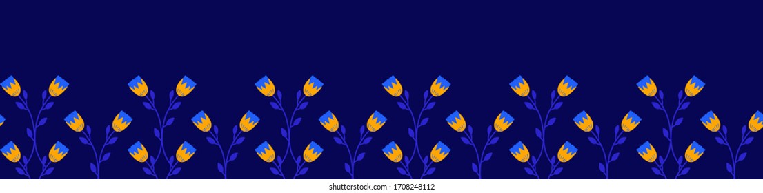 Folklore style border doodle floral seamless pattern in blue and yellow colors. Vector illustration with isolated elements.