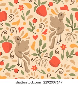 Folklore style seamless pattern with natural elements- berries, birds, leaves. Cute summer vector square texture in scandinavian style. Vector nordic background 