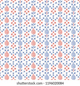 Folkloric Embroidery Stripes Stitches Seamless Vector Pattern. Hand Drawn Cross Stitch Illustration for Summer Fashion Prints, Cute Gift Wrap, Trendy Craft Packaging or Retro Red Blue Kitchenware