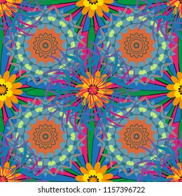Folkloric ethnic blue, orange and green embroidery floral seamless pattern. A line of neck, bags, textiles for your design. Vector illustration.