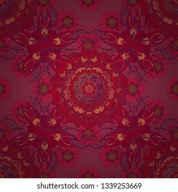 Folkloric ethnic brown, red and purple embroidery floral seamless pattern. A line of neck, bags, textiles for your design. Vector illustration.