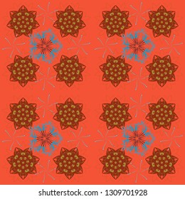 Folkloric ethnic brown, yellow and orange embroidery floral seamless pattern. Vector illustration. A line of neck, bags, textiles for your design.