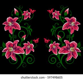 Folkloric ethnic embroidery of flowers lilies. A line of neck, bags, textiles for your design. Vector illustration. EPS 10 