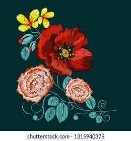 Folkloric ethnic embroidery of flowers. A line of neck, bags, textiles for your design. Vector illustration.
