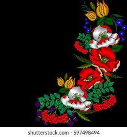 Folkloric ethnic embroidery of flowers. A line of neck, bags, textiles for your design. Vector illustration. EPS 10 