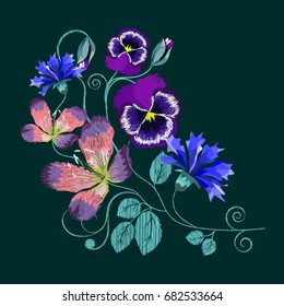 Folkloric ethnic embroidery of flowers, roses, violets.  A line of neck, bags, textiles for your design. Vector illustration.