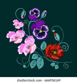 Folkloric ethnic embroidery of flowers. Sakura, violets, poppies. A line of neck, bags, textiles for your design. Vector illustration.