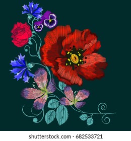 Folkloric ethnic embroidery of roses. A line of neck, bags, textiles for your design. Vector illustration.