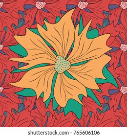 Folkloric ethnic green, pink and yellow embroidery floral seamless pattern. A line of neck, bags, textiles for your design. Vector illustration.