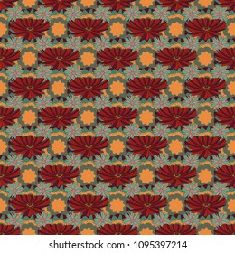 Folkloric ethnic green, red and orange embroidery floral seamless pattern. A line of neck, bags, textiles for your design. Vector illustration.
