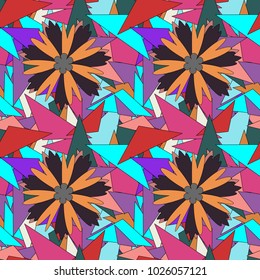 Folkloric ethnic purple, orange and blue embroidery floral seamless pattern. A line of neck, bags, textiles for your design. Vector illustration.