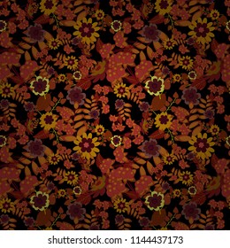 Folkloric ethnic red, brown and black embroidery floral seamless pattern. A line of neck, bags, textiles for your design. Vector illustration.
