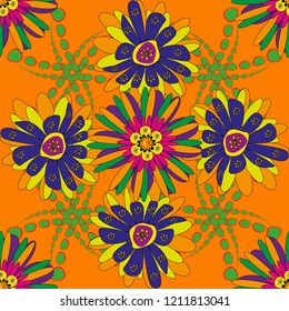 Folkloric ethnic violet, orange and yellow embroidery floral seamless pattern. A line of neck, bags, textiles for your design. Vector illustration.