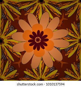 Folkloric ethnic yellow, orange and red embroidery floral seamless pattern. A line of neck, bags, textiles for your design. Vector illustration.