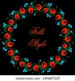 Folkloric Floral Cadre - Magyar Folk Style Floral Garland - Vector Round Frame
