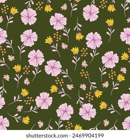 Folkloric floral print with fantasy flowers, seamless pattern of bright fabulous flowers for fabric.