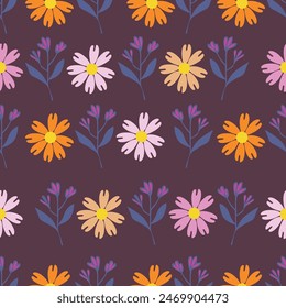 Folkloric floral print with fantasy flowers, seamless pattern of bright fabulous flowers for fabric.