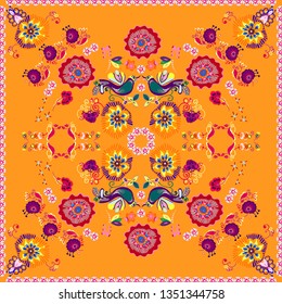 Folkloric ornamental pattern. For textile. interior decor, womenswear. Folk colorful shawl with ethnic pattern. Vintage summer bright crazy panno. Ethnic folklore print with flower motives, leaves,