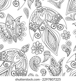 Folkloric Seamless Pattern with Folkloric Bird, Nature Inspired Design. Firebirds, Flowers and Indian Cucumbers. Endless Texture for Fabric, Wallpaper etc. Vector Illustration Coloring Book Page