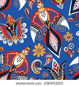 Folkloric Seamless Pattern with Folkloric Bird, Nature Inspired Design Element. Firebirds, Flowers and Indian Cucumbers. Endless Texture for Fabric, Wallpaper etc. Vector Illustration