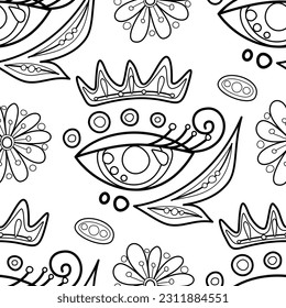 Patrón folclórico sin soldadura con   Místico Ojo y Corona, Elemento de Diseño Inspirado en la Naturaleza. Patrón Ornato Abstracto Floral. Textura sin fin. Página Libro de Coloración de Ilustración del Vector