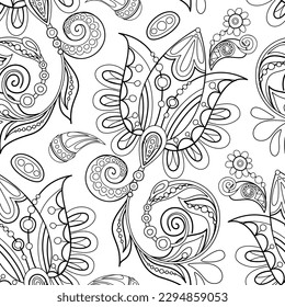 Folkloric Seamless Pattern with Paisley Flower, Nature Inspired Design Element. Ornate Abstract Pattern. Endless Texture for Fabric, Wallpaper etc. Vector Illustration Coloring Book Page