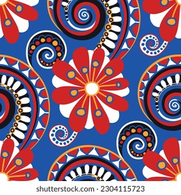 Folkloric Seamless Pattern with Paisley Flower, Nature Inspired Design Element. Ornate Abstract Pattern. Endless Texture for Fabric, Wallpaper etc. Vector Illustration 