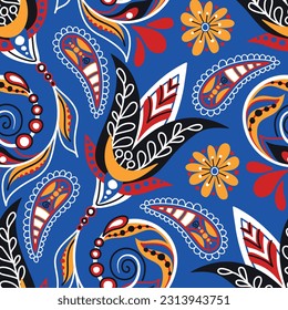 Folkloric Seamless Pattern with Paisley Flower, Nature Inspired Design Element. Ornate Abstract Pattern. Endless Texture for Fabric, Wallpaper etc. Vector Illustration 