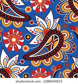 Folkloric Seamless Pattern with  Paisley Indian Cucumber, Nature Inspired Design Element. Ornate Abstract Floral Pattern. Endless Texture for Fabric, Wallpaper etc. Vector Illustration