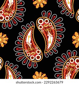 Folkloric Seamless Pattern with  Paisley Indian Cucumber, Nature Inspired Design Element. Ornate Abstract Floral Pattern. Endless Texture for Fabric, Wallpaper etc. Vector Illustration